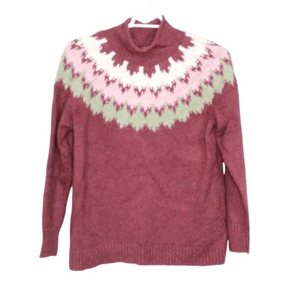 LL Bean Cotton Ragg Sweater Funnelneck Pullover Fair Isle Deep Wine L - Picture 1 of 10